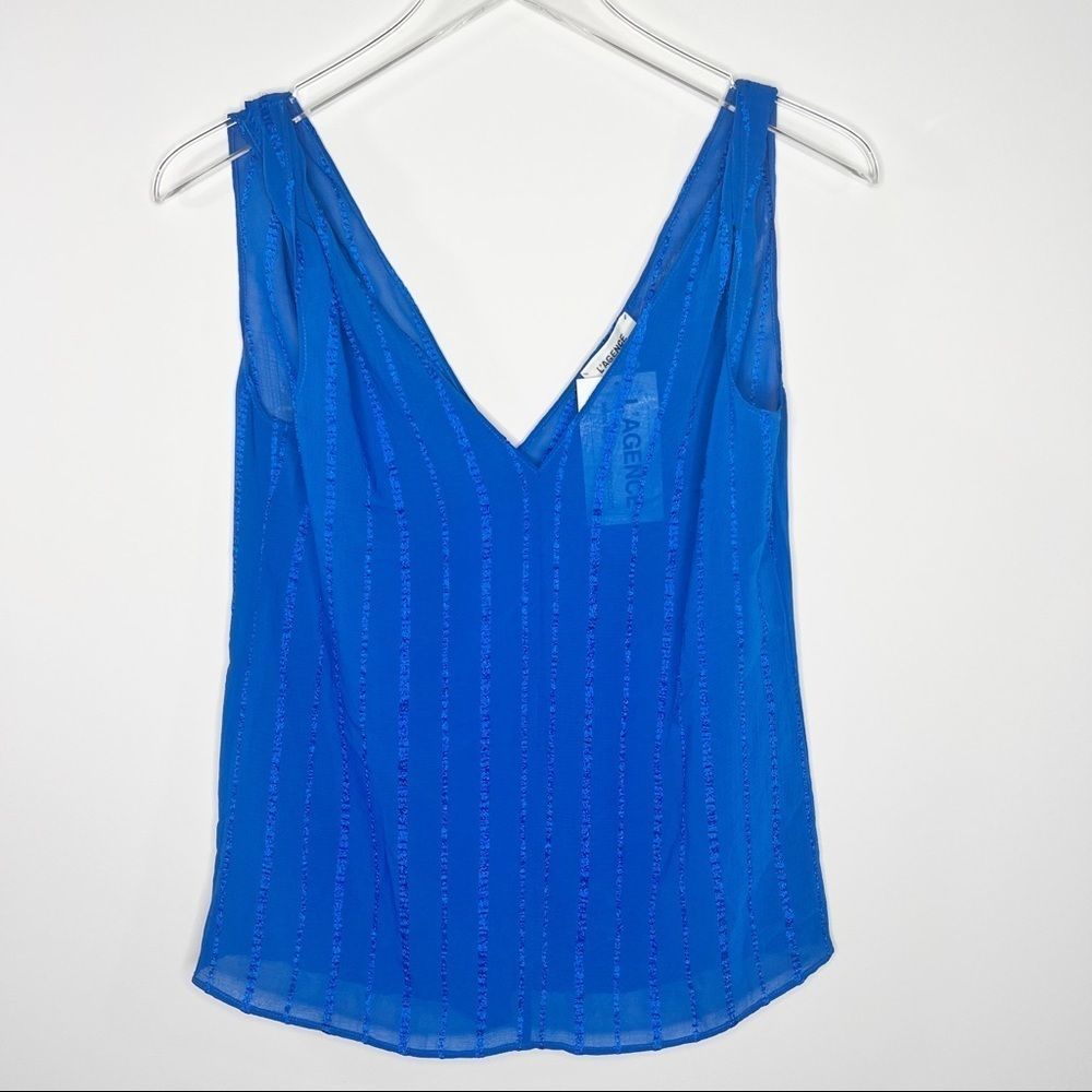 L'AGENCE Royal Blue Sleeveless V-Neck Blouse with Metallic Blue Stripes XS
